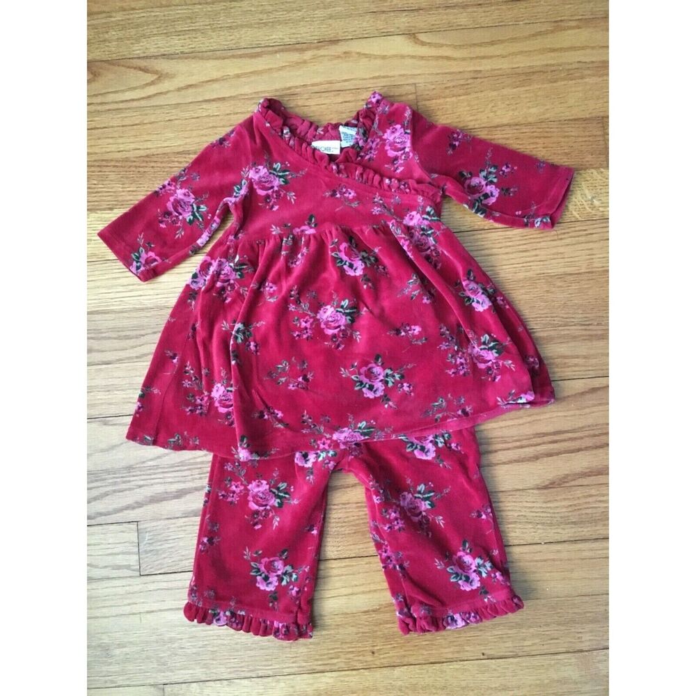 Cherokee 9m Baby Girls Floral Velour Maroon Pantsuit 2pc Fall/Winter Ruffles